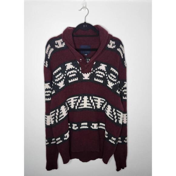 American Eagle Sweater Mens XL Maroon Gray Shawl Collar Pullover Aztec Pattern - Picture 1 of 6